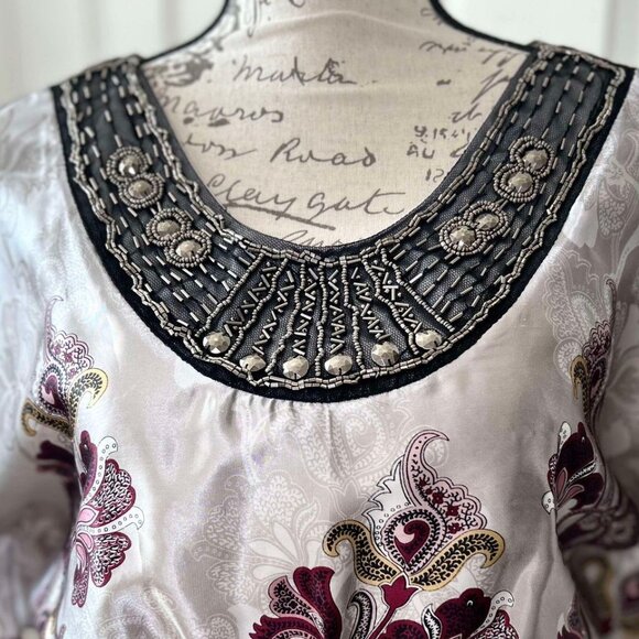 Satin Silver & Purple Paisley Batwing Sleeved Top with Beads & Gems for Accent - Picture 2 of 10